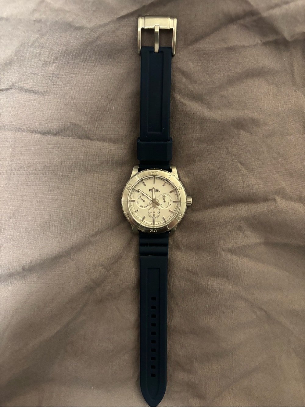 Fossil Silver Chronograph Watch with Navy Strap